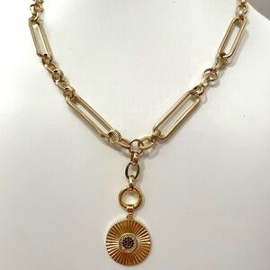 Chunky Gold Radial Evil Eye Charm Trombone Link Necklace Click Paperclip Chain